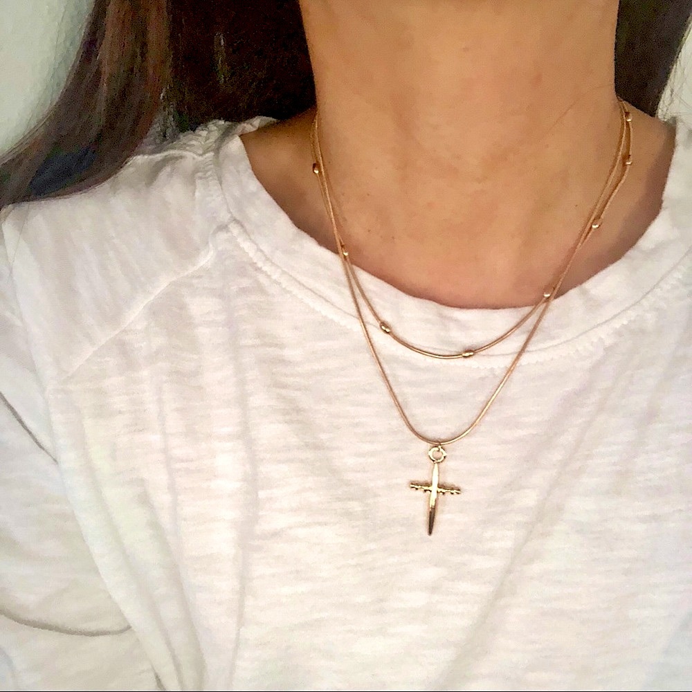 Double Chain Layered Gold Cross Necklace